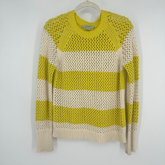 AllSaints Lou Mesh Womens Sweater Size S Striped Yellow White Open Knit Preppy - Picture 3 of 9